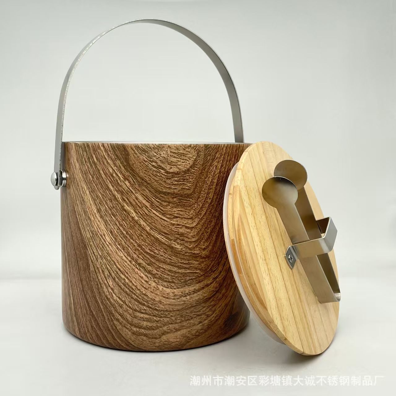 Wood-grain finish double-wall stainless steel ice bucket