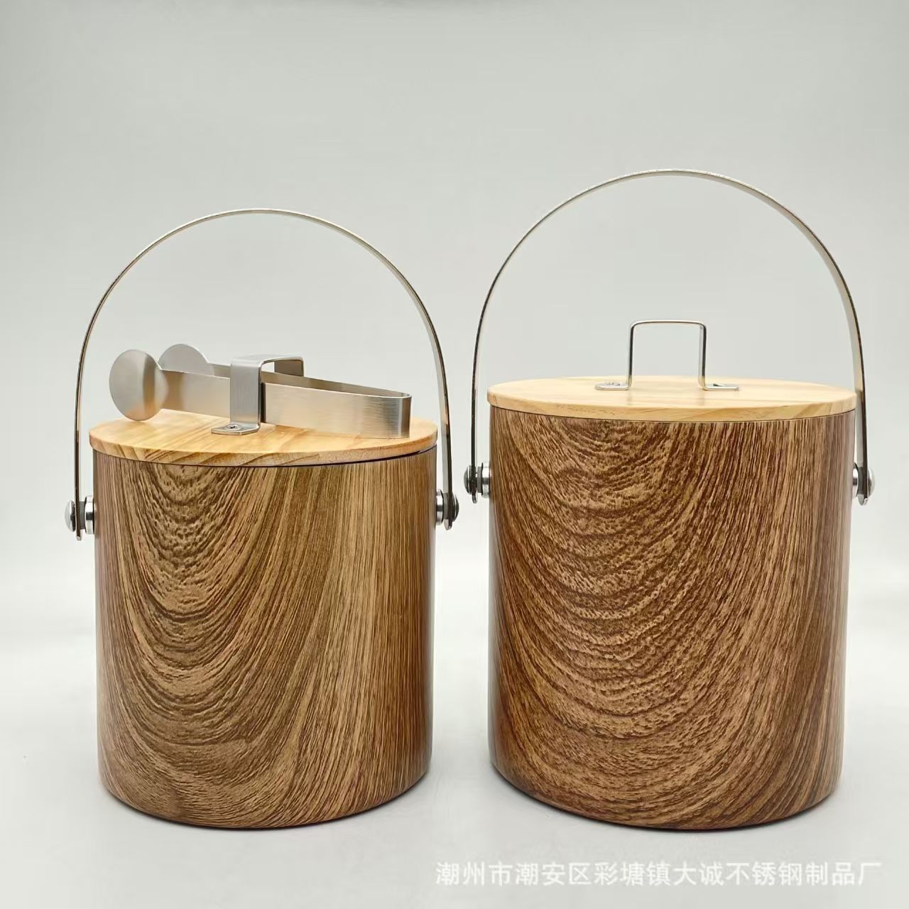 Wood-grain finish double-wall stainless steel ice bucket