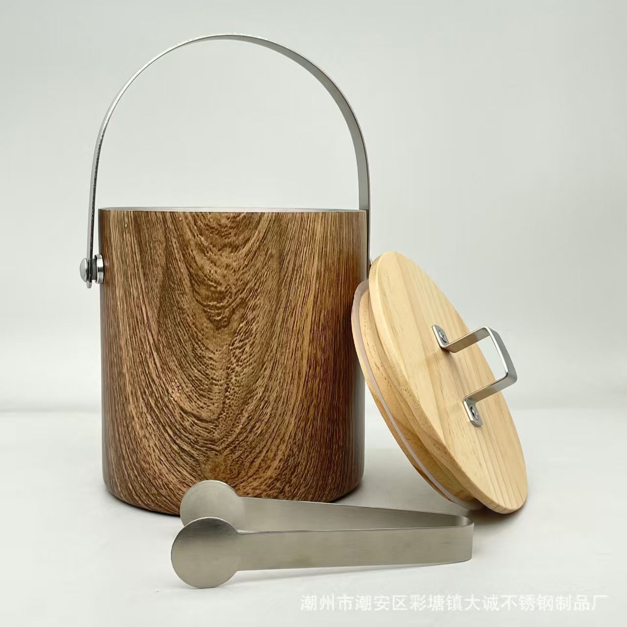 Wood-grain finish double-wall stainless steel ice bucket